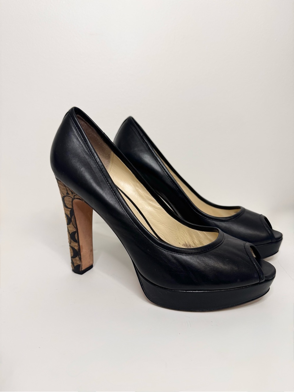 Coach Black Leather Pumps with Signature Monogram Heel - Picture 2 of 16